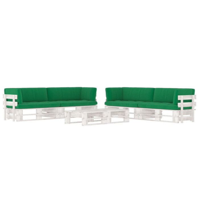 Salon de jardin palette 6 pcs et coussins Pin imprégné de blanc | Mobilier & Déco
