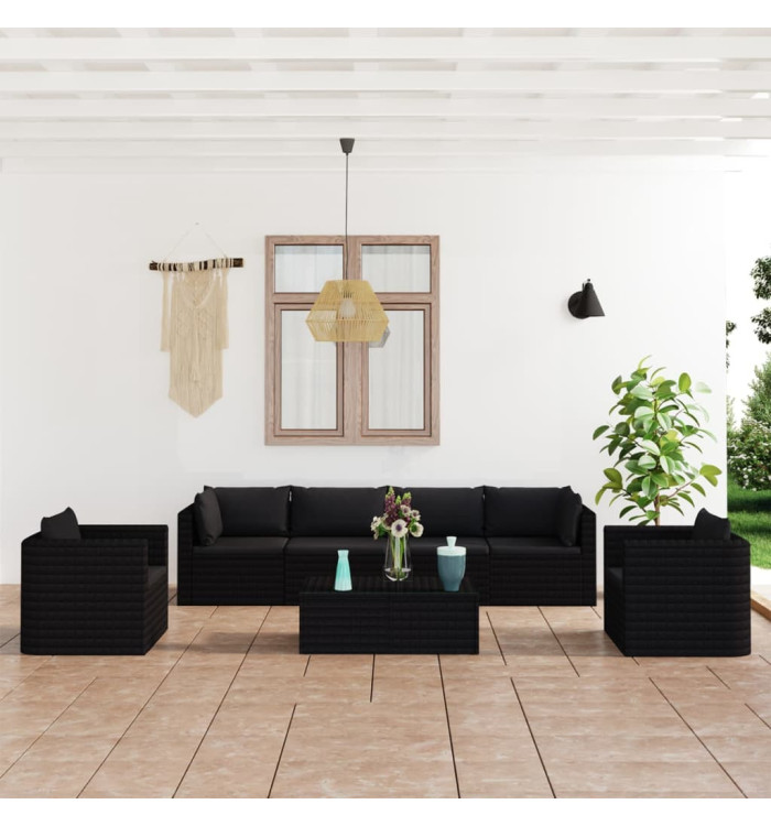 Salon de jardin 7 pcs avec coussins Résine tressée Noir | Mobilier & Déco