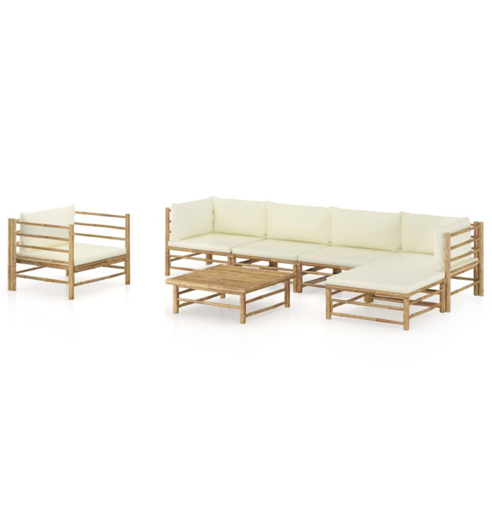 Salon de jardin 7 pcs avec coussins blanc crème bambou | Mobilier & Déco