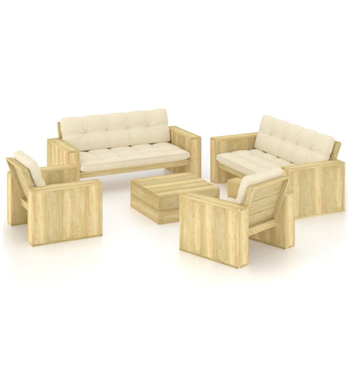 Salon de jardin 5 pcs avec coussins bois de pin imprégné | Mobilier & Déco