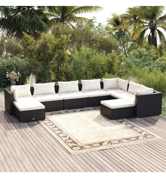 Salon de jardin 9 pcs avec coussins Résine tressée Noir | Mobilier & Déco