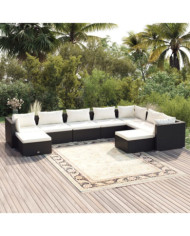 Salon de jardin 9 pcs avec coussins Résine tressée Noir | Mobilier & Déco