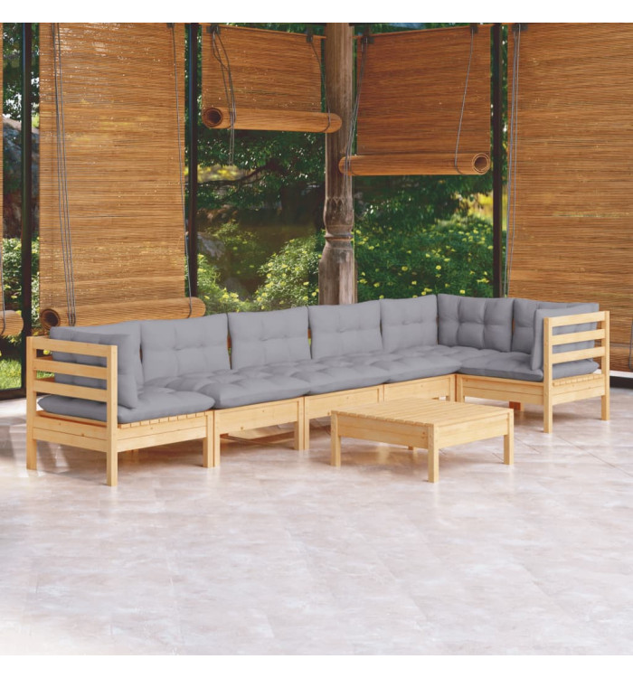 Salon de jardin 7 pcs avec coussins gris bois de pin | Mobilier & Déco