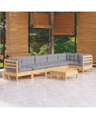 Salon de jardin 7 pcs avec coussins gris bois de pin | Mobilier & Déco