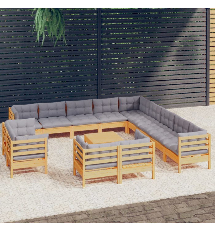 Salon de jardin 14 pcs avec coussins gris Bois de pin solide | Mobilier & Déco
