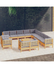 Salon de jardin 14 pcs avec coussins gris Bois de pin solide | Mobilier & Déco
