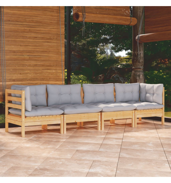 Salon de jardin 4 pcs avec coussins gris Bois de pin massif | Mobilier & Déco