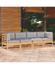Salon de jardin 4 pcs avec coussins gris Bois de pin massif | Mobilier & Déco