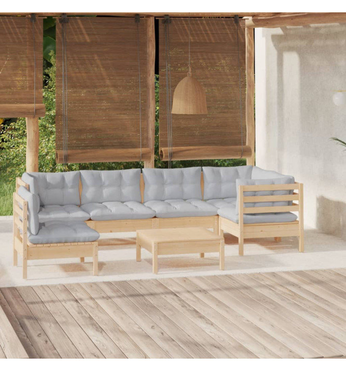 Salon de jardin 7 pcs avec coussins gris bois de pin | Mobilier & Déco