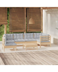 Salon de jardin 7 pcs avec coussins gris bois de pin | Mobilier & Déco