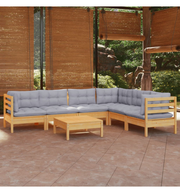 Salon de jardin 7 pcs avec coussins gris bois de pin massif | Mobilier & Déco