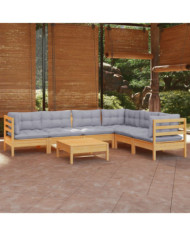 Salon de jardin 7 pcs avec coussins gris bois de pin massif | Mobilier & Déco