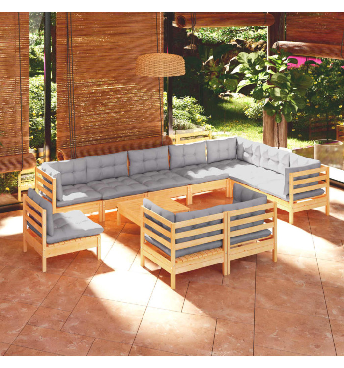 Salon de jardin 11 pcs avec coussins gris Bois de pin solide | Mobilier & Déco