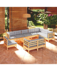 Salon de jardin 11 pcs avec coussins gris Bois de pin solide | Mobilier & Déco