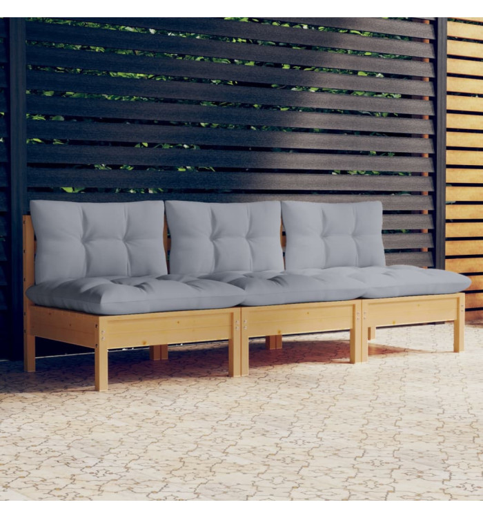 Canapé 3 places de jardin et coussins gris Bois de pin solide | Mobilier & Déco