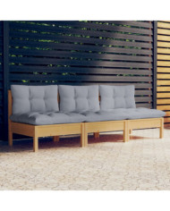 Canapé 3 places de jardin et coussins gris Bois de pin solide | Mobilier & Déco