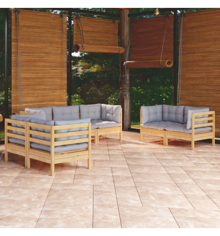 Salon de jardin 7 pcs avec coussins gris bois de pin massif | Mobilier & Déco