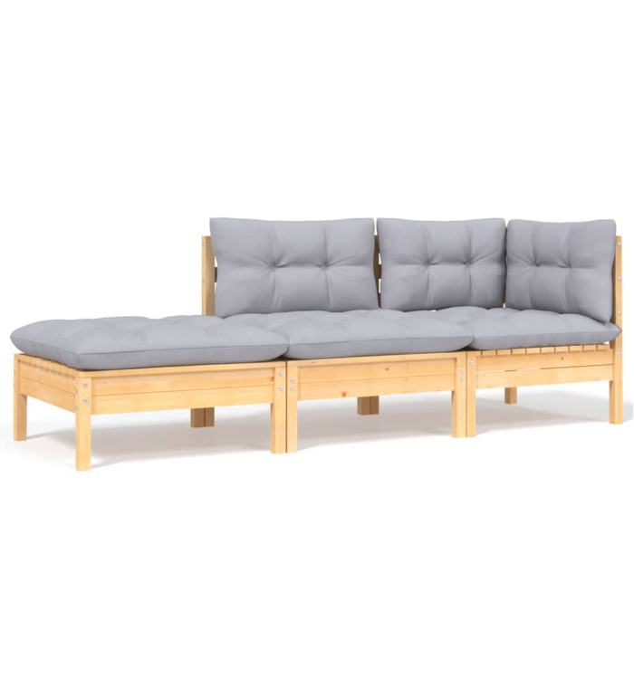 Salon de jardin 3 pcs avec coussins gris Bois de pin solide | Mobilier & Déco