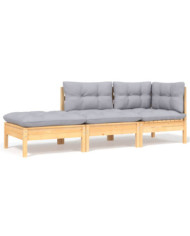 Salon de jardin 3 pcs avec coussins gris Bois de pin solide | Mobilier & Déco