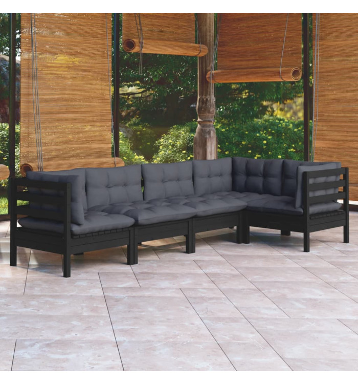 Salon de jardin 5 pcs avec coussins Noir Bois de pin | Mobilier & Déco