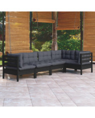 Salon de jardin 5 pcs avec coussins Noir Bois de pin | Mobilier & Déco