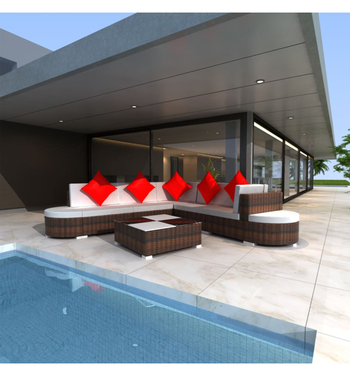 Salon de jardin 8 pcs avec coussins résine tressée marron | Mobilier & Déco