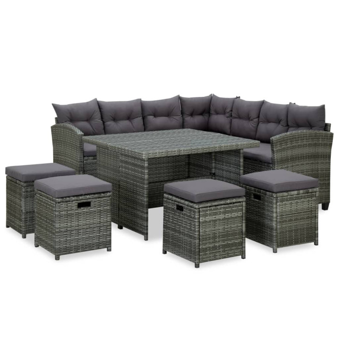 Salon de jardin 6 pcs avec coussins résine tressée gris | Mobilier & Déco