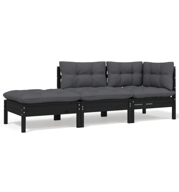 Salon de jardin 3 pcs avec coussins Noir Bois de pin solide | Mobilier & Déco