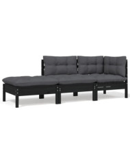 Salon de jardin 3 pcs avec coussins Noir Bois de pin solide | Mobilier & Déco