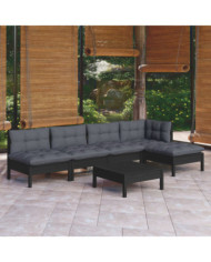 Salon de jardin 6 pcs avec coussins Noir Bois de pin | Mobilier & Déco