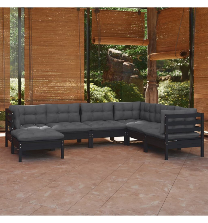 Salon de jardin 7 pcs avec coussins Noir Bois de pin massif | Mobilier & Déco