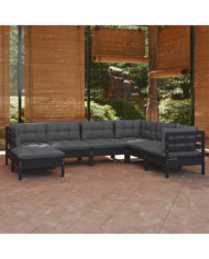 Salon de jardin 7 pcs avec coussins Noir Bois de pin massif | Mobilier & Déco