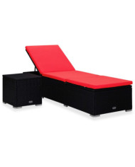 Chaise longue avec coussin et table à thé Résine tressée Rouge | Mobilier & Déco
