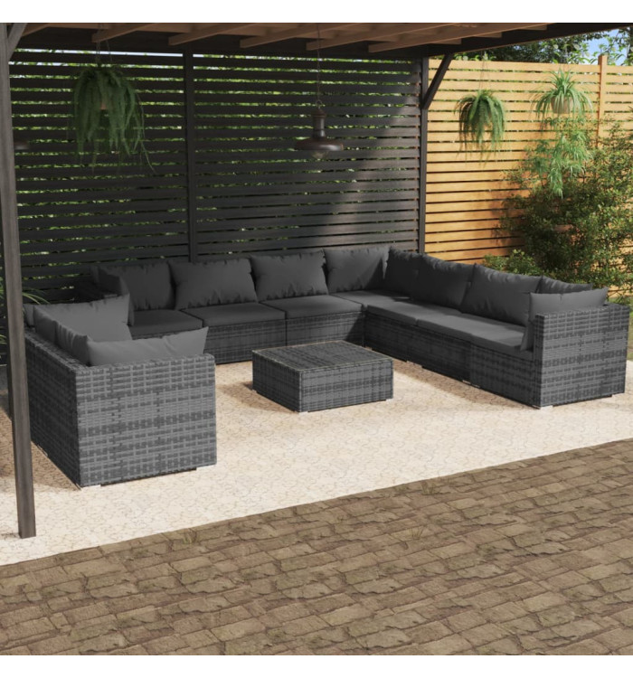 Salon de jardin 10 pcs avec coussins Gris Résine tressée | Mobilier & Déco