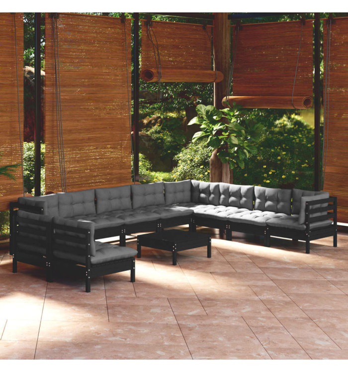 Salon de jardin 11 pcs avec coussins Noir Bois de pin solide | Mobilier & Déco