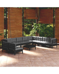 Salon de jardin 11 pcs avec coussins Noir Bois de pin solide | Mobilier & Déco