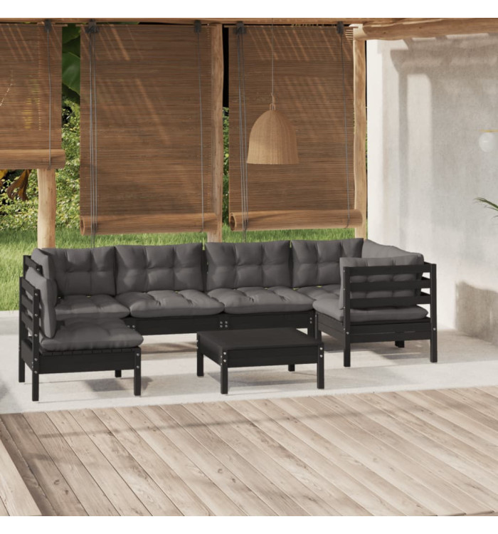 Salon de jardin 7 pcs avec coussins Noir Bois de pin | Mobilier & Déco