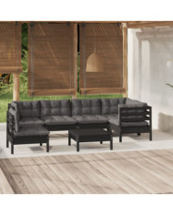 Salon de jardin 7 pcs avec coussins Noir Bois de pin | Mobilier & Déco