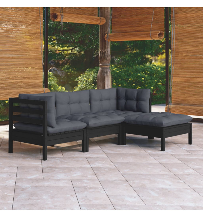 Salon de jardin 4 pcs avec coussins Noir Bois de pin | Mobilier & Déco