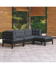 Salon de jardin 4 pcs avec coussins Noir Bois de pin | Mobilier & Déco