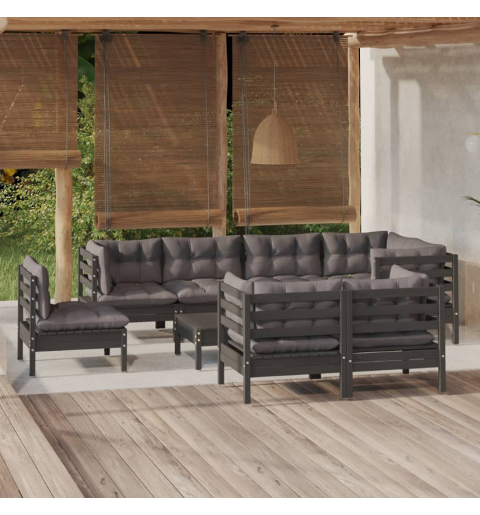 Salon de jardin 9 pcs avec coussins Noir Bois de pin massif | Mobilier & Déco