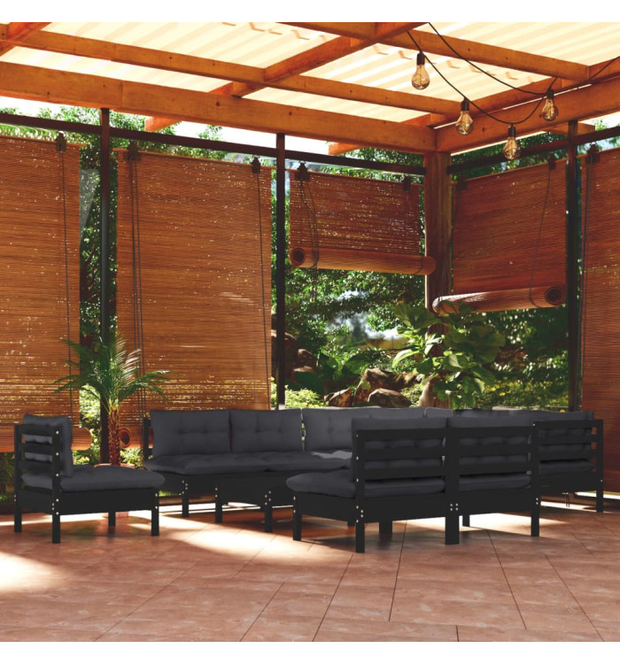 Salon de jardin 11 pcs avec coussins Noir Bois de pin solide | Mobilier & Déco