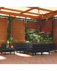 Salon de jardin 11 pcs avec coussins Noir Bois de pin solide | Mobilier & Déco