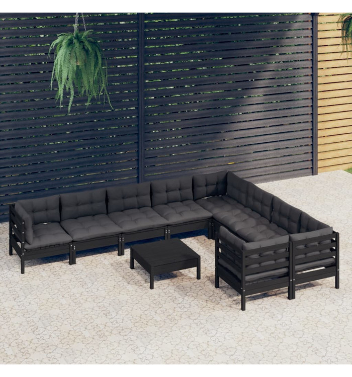 Salon de jardin 10 pcs avec coussins Noir Bois de pin | Mobilier & Déco