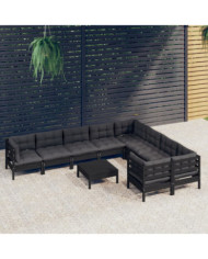 Salon de jardin 10 pcs avec coussins Noir Bois de pin | Mobilier & Déco