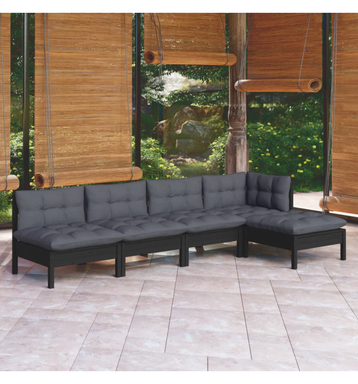 Salon de jardin 5 pcs avec coussins Noir Bois de pin | Mobilier & Déco