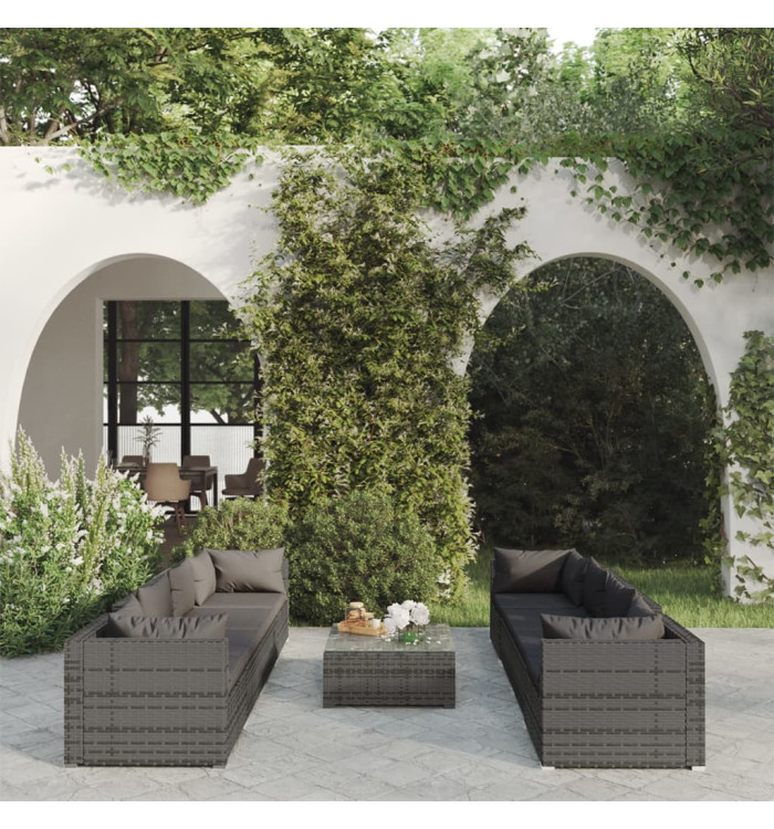 Salon de jardin 9 pcs avec coussins Résine tressée Gris | Mobilier & Déco