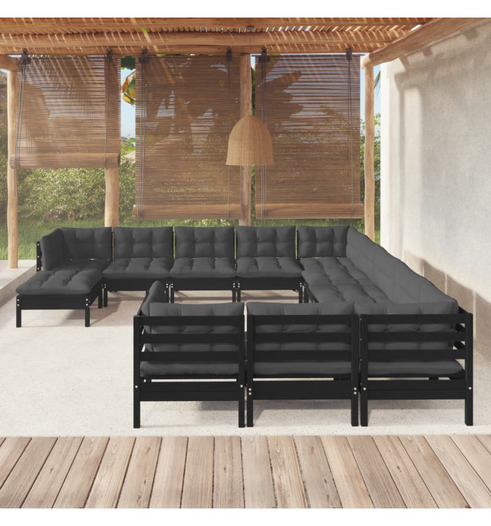 Salon de jardin 12 pcs avec coussins Noir Bois de pin | Mobilier & Déco