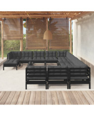 Salon de jardin 12 pcs avec coussins Noir Bois de pin | Mobilier & Déco
