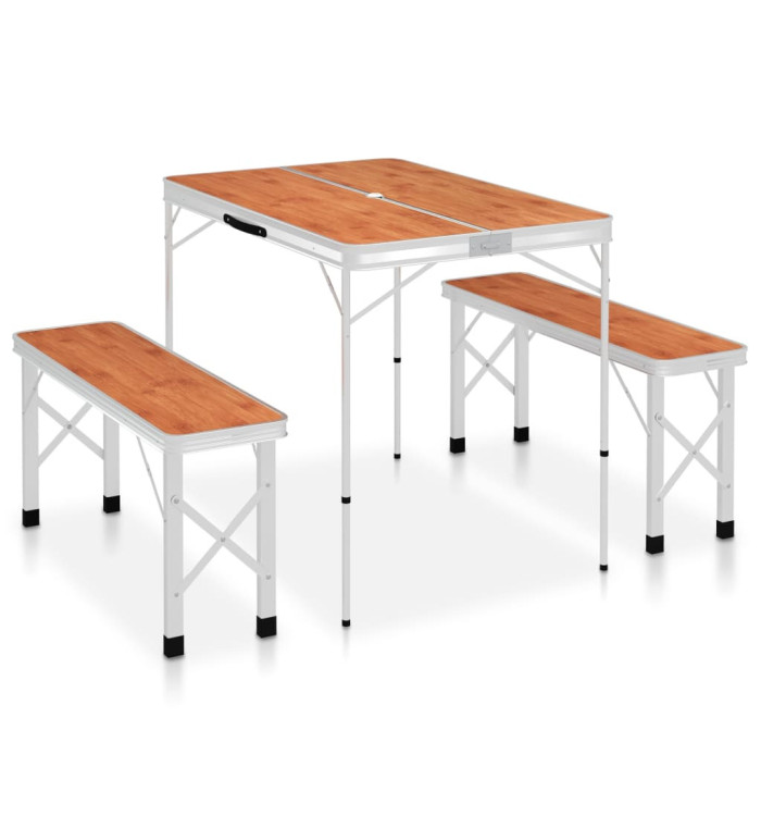 Table de camping pliable avec 2 bancs Aluminium Marron | Mobilier & Déco